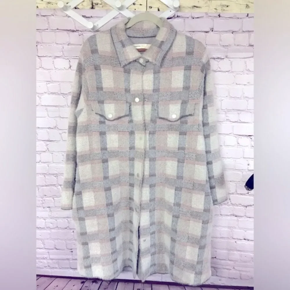 Anthropologie Pilcro Eliza Cream Plaid Sweater Longline Jacket Coat Shacket L